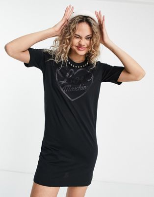 Love Moschino pearl trim logo front t-shirt in black