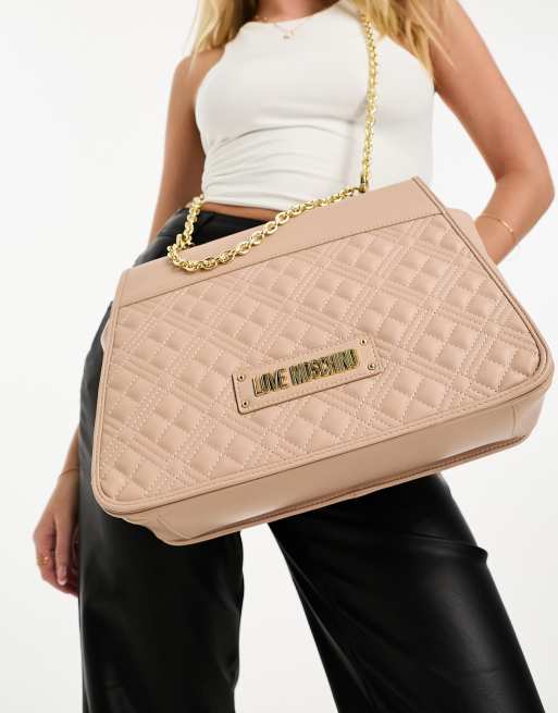 Love Moschino – Pikowana jasnobeżowa torebka crossbody z klapką
