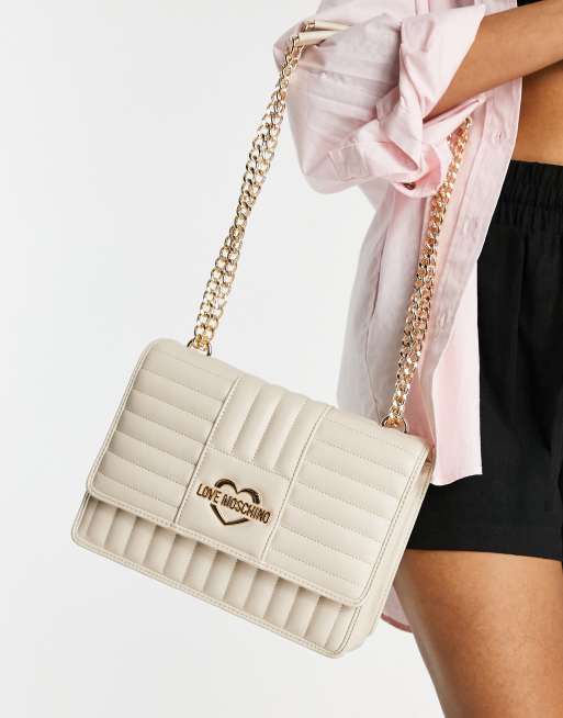 Love Moschino – Pikowana torebka na ramię w kolorze kości słoniowej
