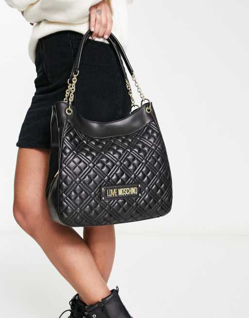 Love Moschino – Pikowana w romby czarna torebka na ramię z łańcuszkowym paskiem