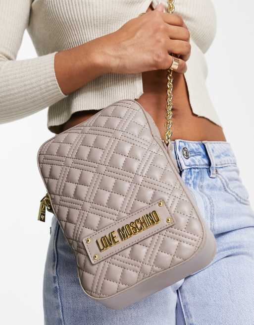 Love Moschino – Pikowana w romby podłużna szara torebka crossbody z logo