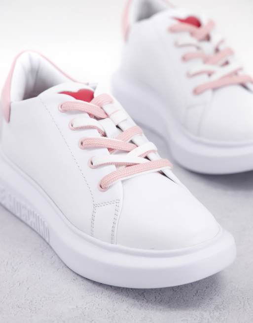 Love Moschino platform sneakers with pink detail in white, 3 of 4