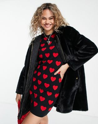 Love Moschino plush faux fur hooded coat in black