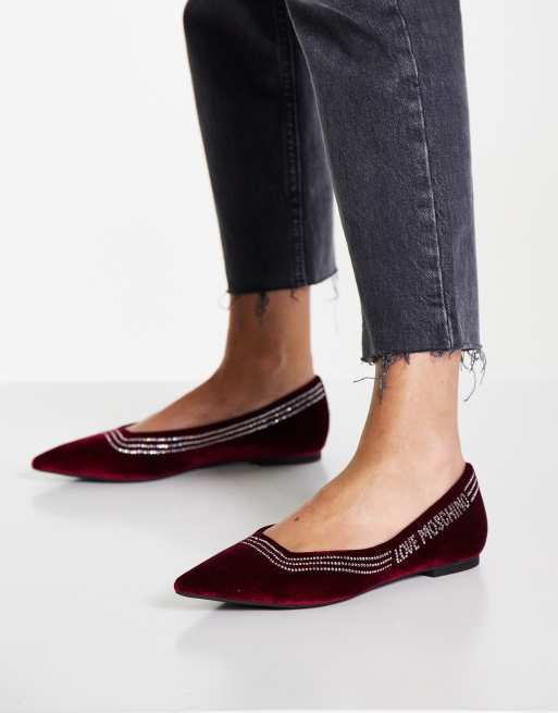 Love Moschino pointed flat shoes in burgundy velvet | ASOS