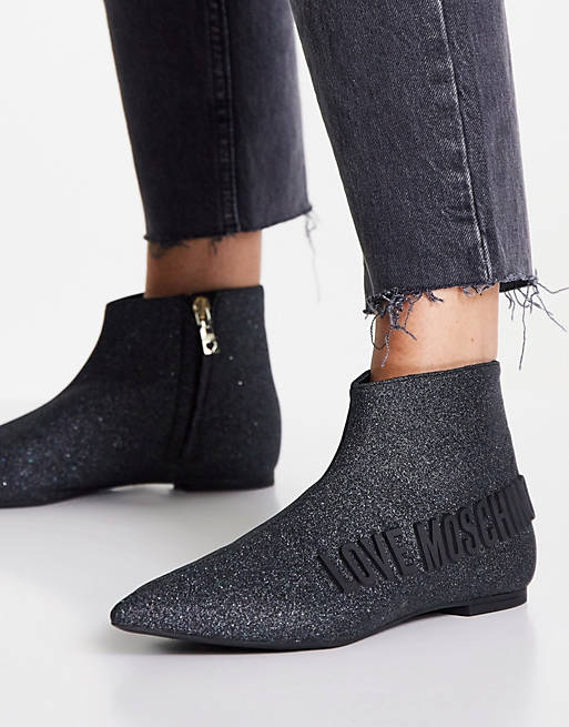  Love Moschino pointed low ankle boots in black glitter 