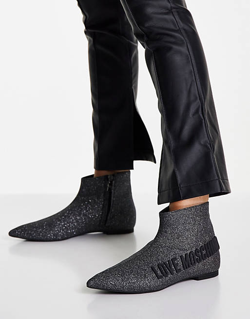 Love Moschino pointed low ankle boots in gray glitter