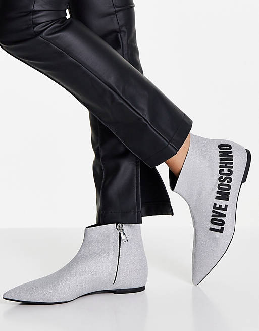Shoes Boots/Love Moschino pointed low ankle boots in silver glitter 