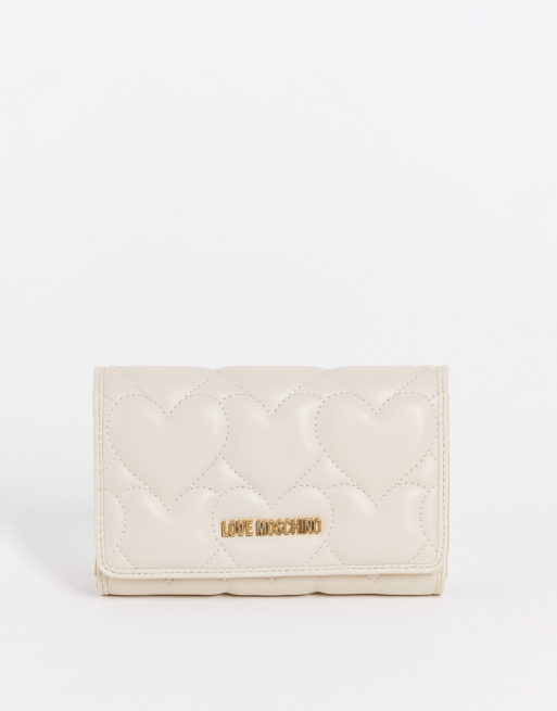 Love Moschino – Portmonetka w kolorze kości słoniowej w pikowany wzór w serca