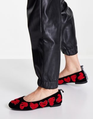 Love Moschino printed heart flat shoes in black velvet | ASOS