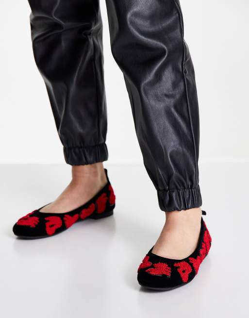Love Moschino printed heart flat shoes in black velvet ASOS