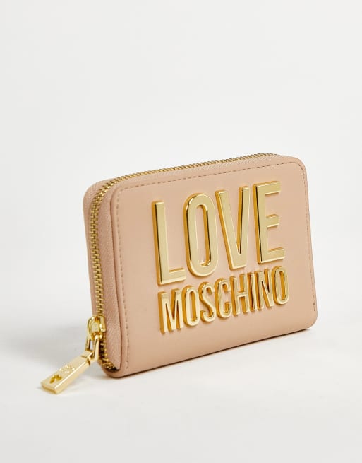 Love Moschino – Pudroworóżowa zapinana na suwak portmonetka z metalowym logo