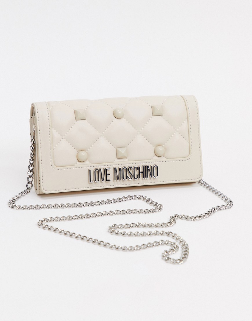 Love Moschino purse bag with chain with quilting and studs in ivory-Cream
