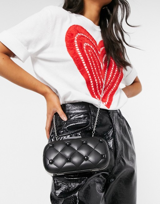 Love Moschino quilted and studded clutch bag with chain in black