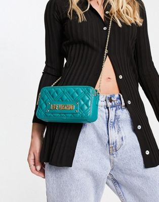 Love Moschino quilted cross body bag with double zip in blue - ASOS Price Checker