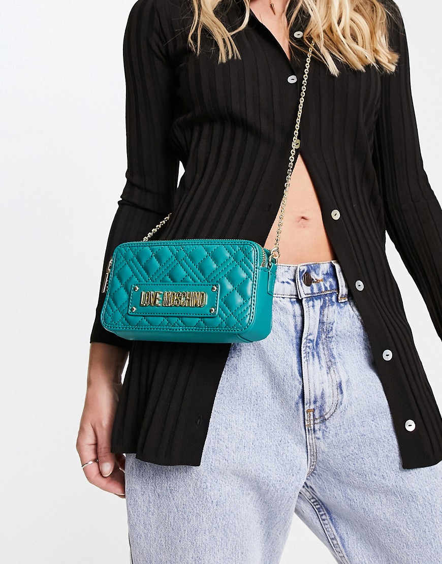 Love Moschino quilted cross body bag with double zip in blue-Green