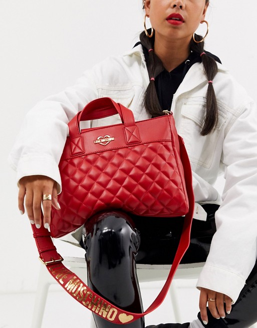 Love Moschino quilted tote bag in red with logo strap