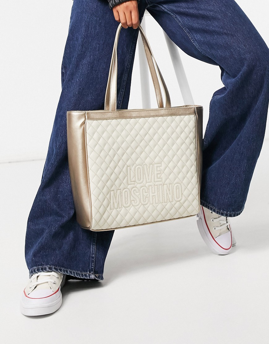 Love Moschino quilted tote bag with contrast stitch in ivory and silver-White