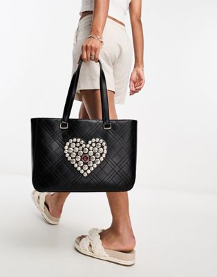 Love Moschino quilted tote bag with heart embellishment in black