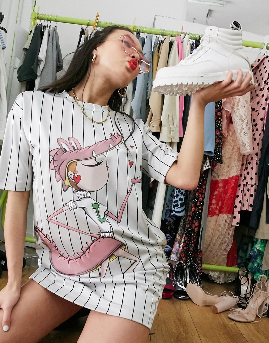 Love Moschino – Randig och maskotmönstrad t-shirtklänning-Vit
