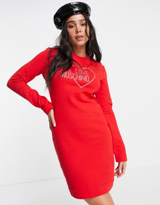 Love Moschino Robe avec logo a strass Rouge