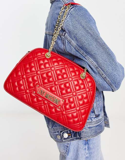 Love Moschino – Röd diamant-kviltad axelremsväska med kedjerem, dragkedja upptill och logga