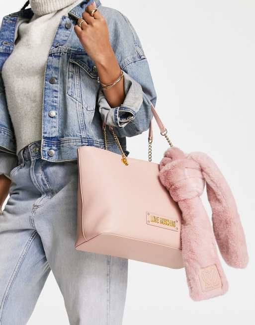 Love Moschino – Różowa torba typu tote z apaszką ze sztucznego futra