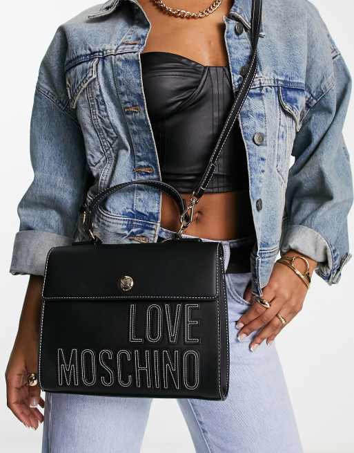 Love Moschino - Sac bandoulière à rabat avec logo ton sur ton - Noir