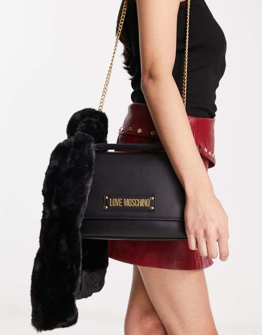 Love Moschino - Schoudertas met sjaal van imitatiebont in zwart