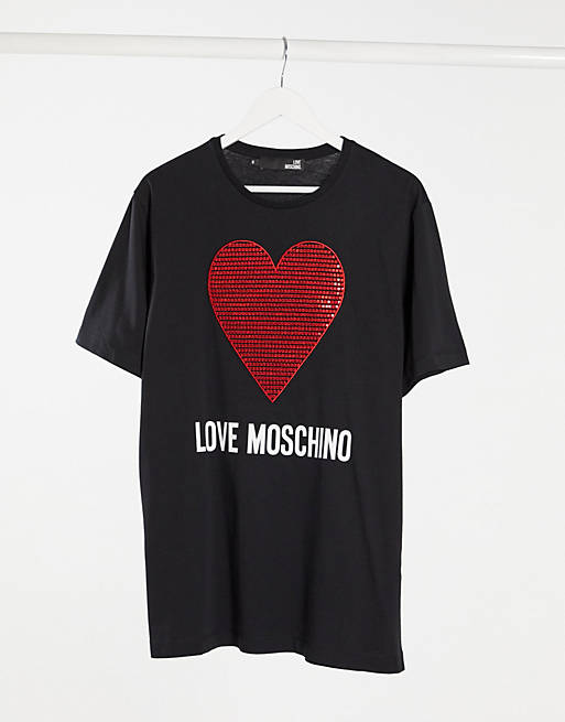 Love Moschino sequin heart logo t-shirt in black | ASOS