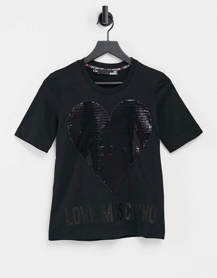 Love Moschino sequin heart logo t-shirt in black