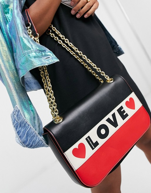 Love Moschino share the love shoulder bag in black red and ivory