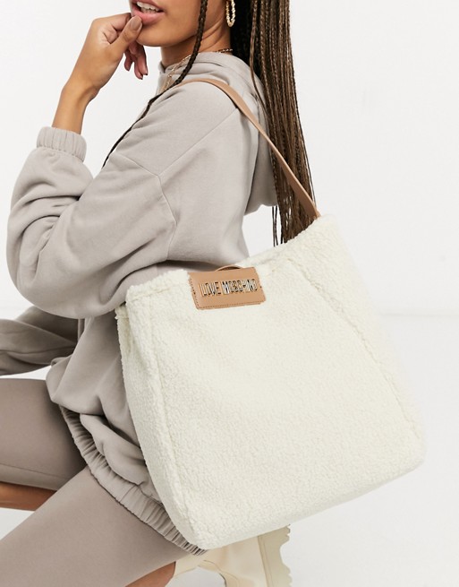 Love Moschino shearling tote bag in camel