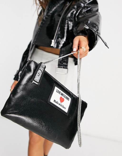 Love Moschino shiny canvas crossbody bag in black