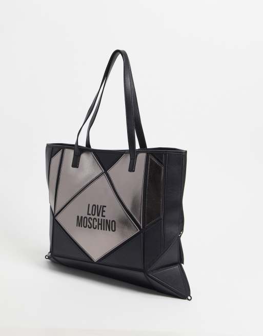 Love Moschino shopper bag with geometric heart in black and gunmetal