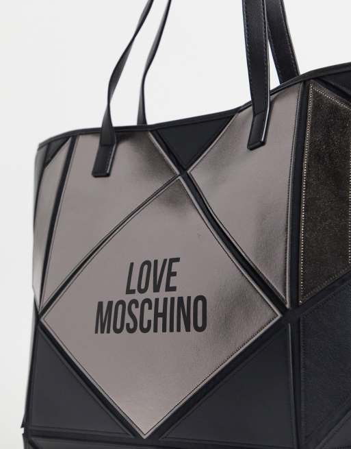 Love Moschino shopper bag with geometric heart in black and gunmetal