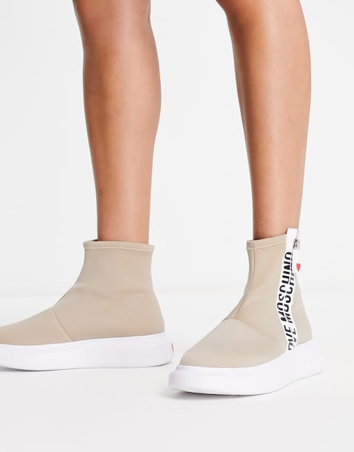 Love Moschino - Sneakers a calza beige con logo, 2 di 4