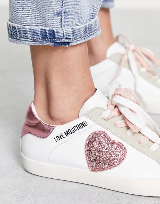 Love Moschino Sneakers cupsole con cuore rosa glitterato colore bianco
