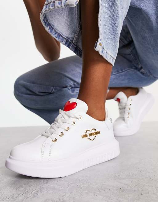 Love Moschino Sneakers met plateauzool en hartjes in wit