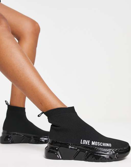 Love Moschino Sock Sneakers with High Shine Platform Sole in Black