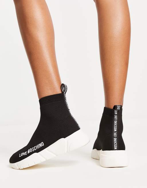 Love Moschino Sock Sneakers with High Shine Platform Sole in Black