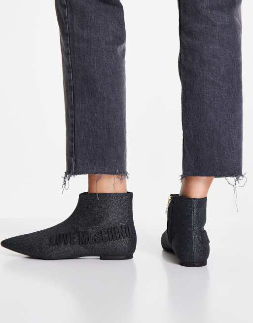 Love Moschino - Spidse lave ankelstøvler med glimmer i sort, 2 af 4
