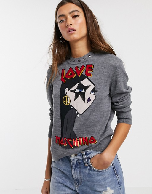 Love Moschino star girl graphic print logo jumper in wool blend