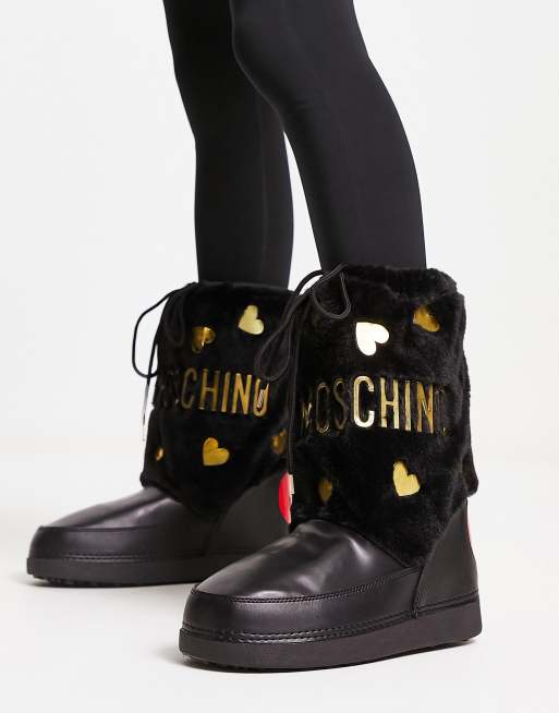 Love Moschino - Stivali da neve in pelliccia sintetica neri con