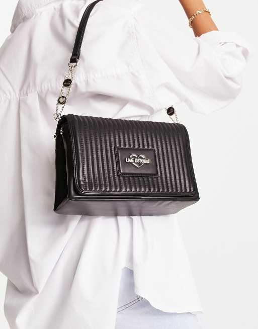 Love Moschino stripe quilted heart logo detail shoulder bag in black