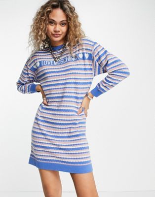 Love Moschino striped logo knit dress in camel multi