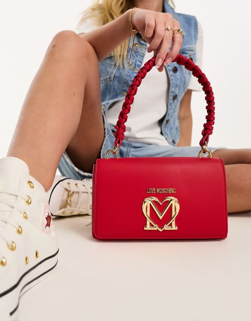 Love Moschino – Strukturierte Schultertasche in Rot mit Tragegriff im Flechtdesign