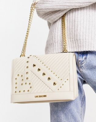 Love Moschino stud detail flap top shoulder bag in neutral