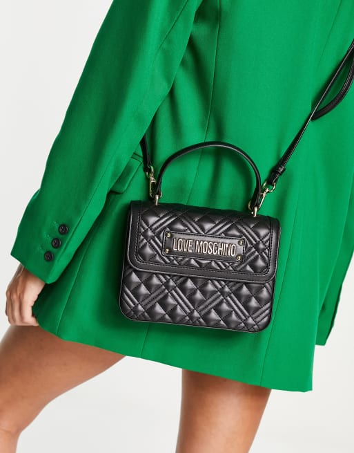 Love Moschino – Svart kviltad väska med logga och handtag upptill