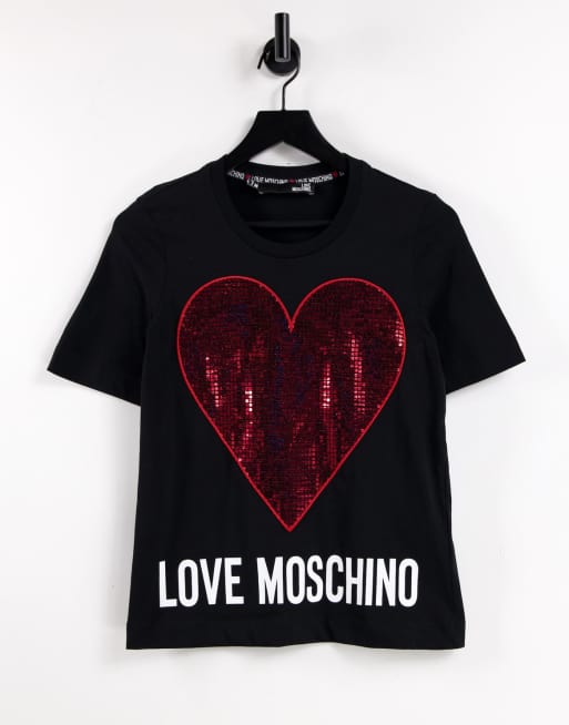 Love Moschino – Svart och röd t-shirt med paljettprydd hjärtlogga