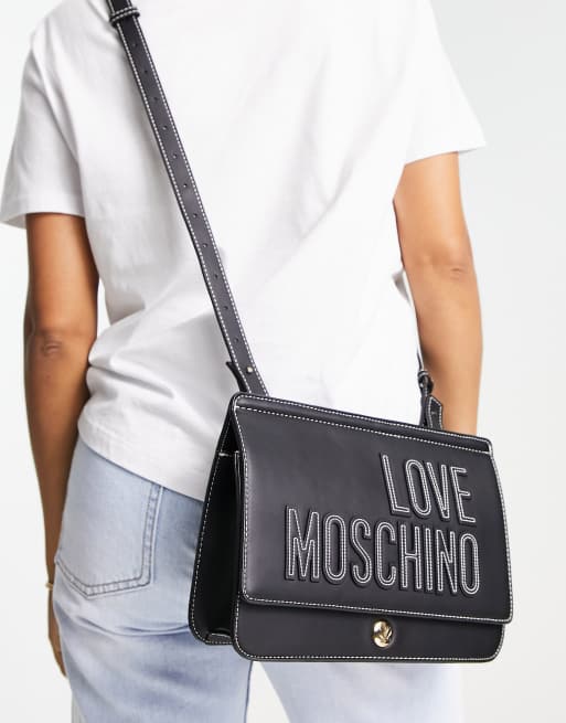 Love Moschino – Svart, smal axelremsväska med viklock och ton-i-ton-färgad logga